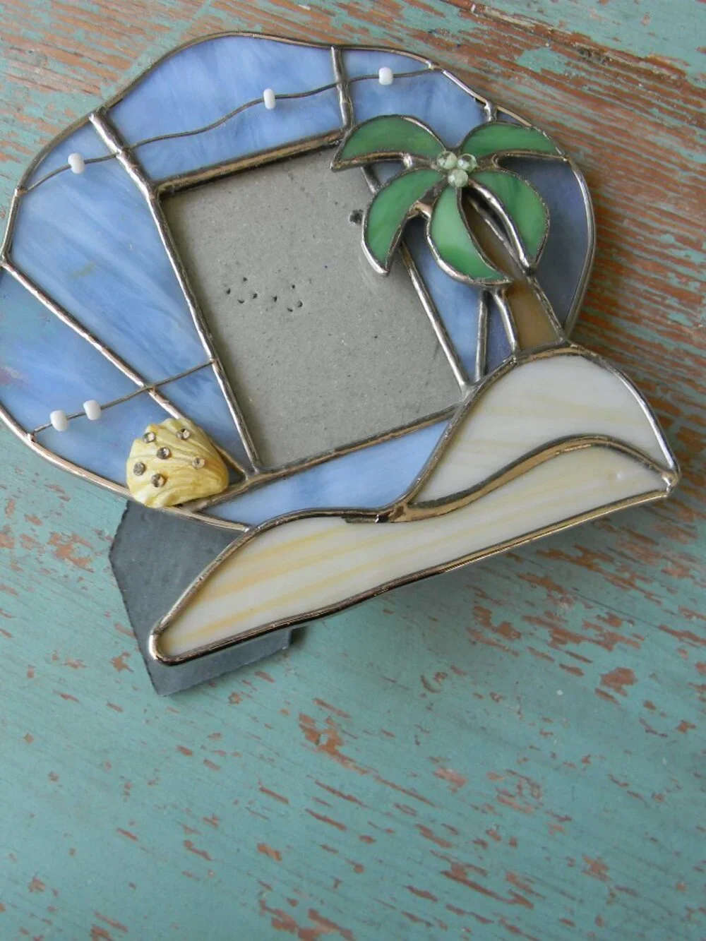 STAINED GLASS SMALL CLAM SHELL/PALM TREE BEACH OCEAN PICTURE FRAME DECOR